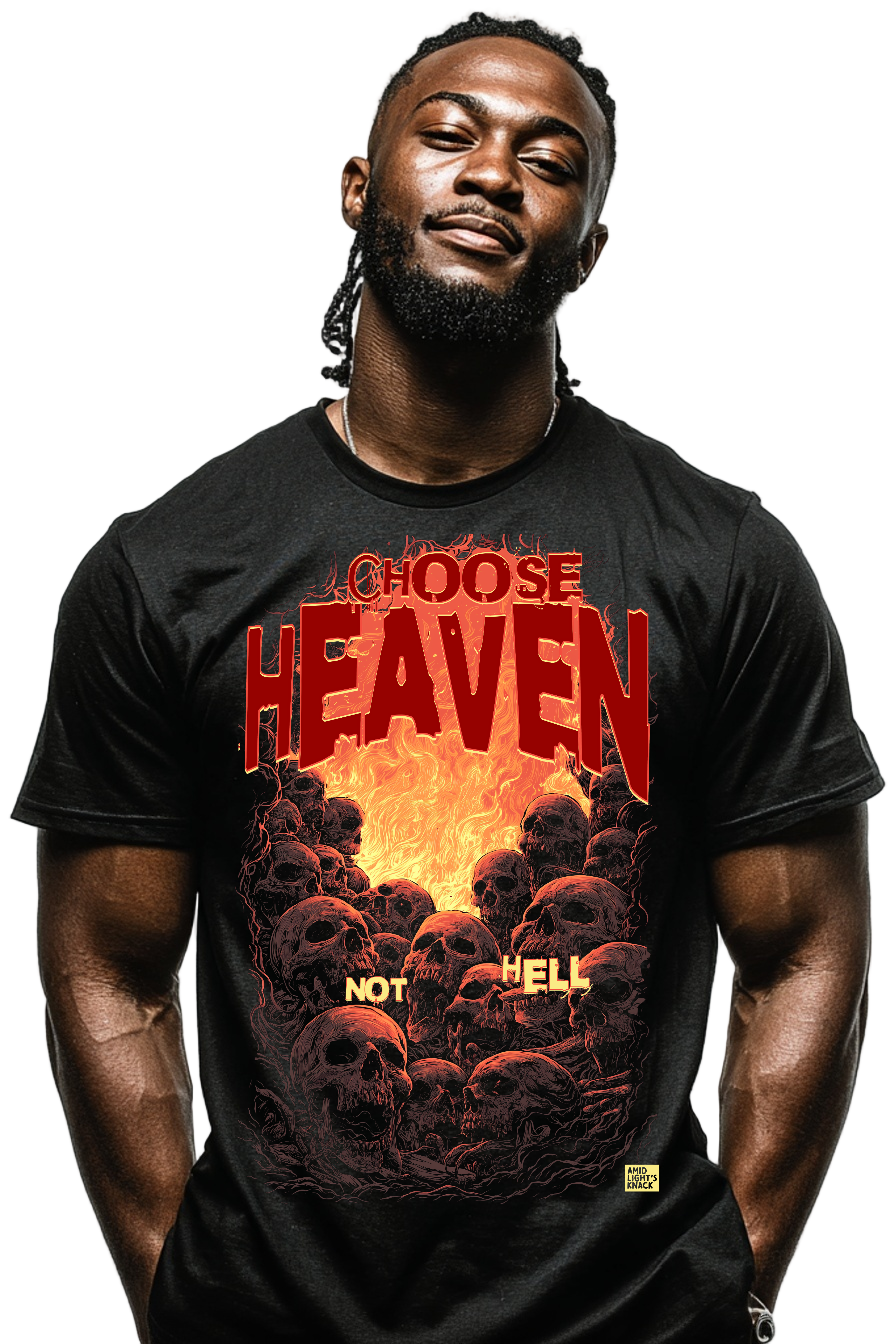 Man wearing a black t-shirt with 'Choose Heaven Not Hell' graphic design.