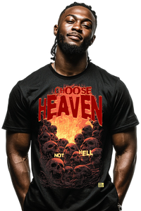 Man wearing a black t-shirt with 'Choose Heaven Not Hell' graphic design.