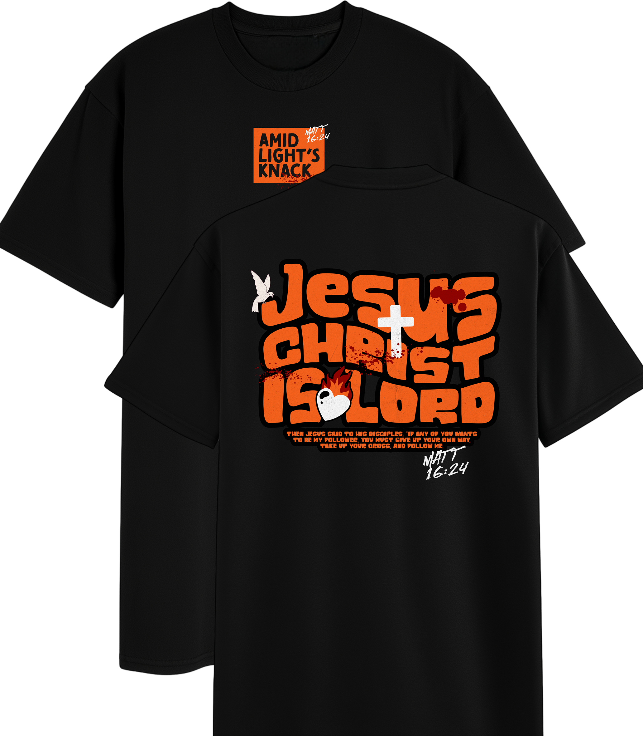 Black t-shirt with orange and white text and graphics on a white background