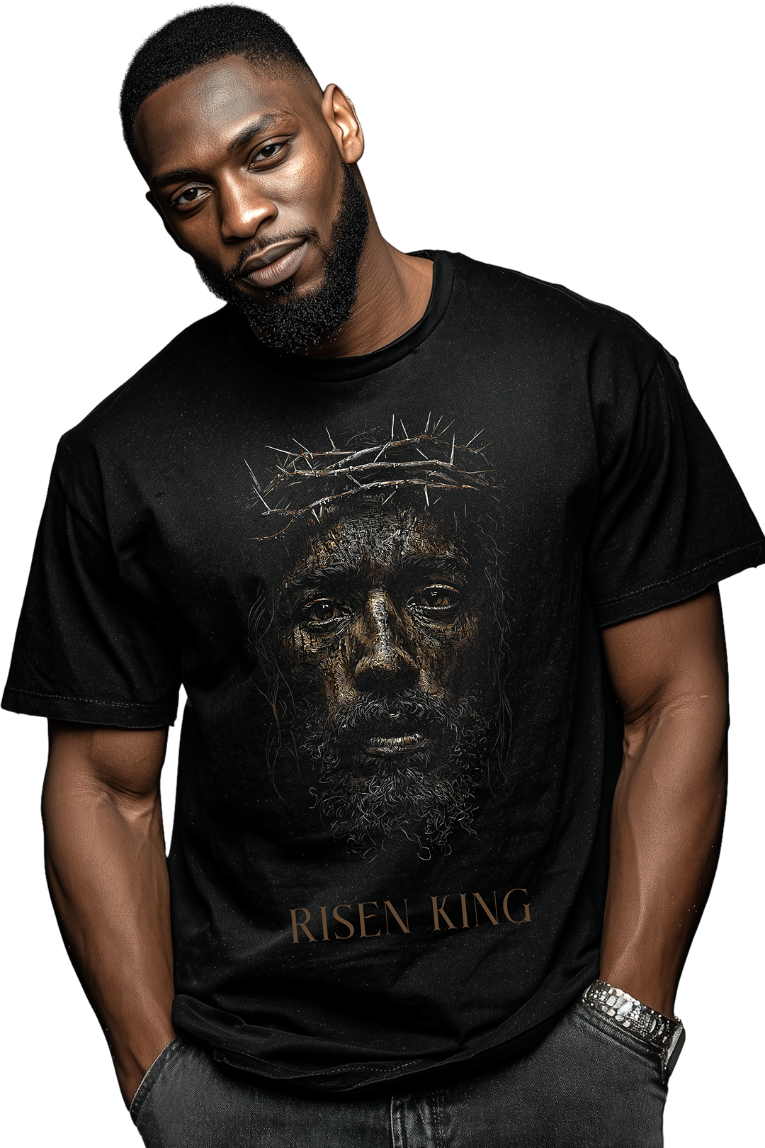 Man wearing a black t-shirt with 'Risen King' graphic design on a white background