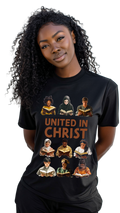 Person wearing a black t-shirt with 'United in Christ' design featuring images of people reading.