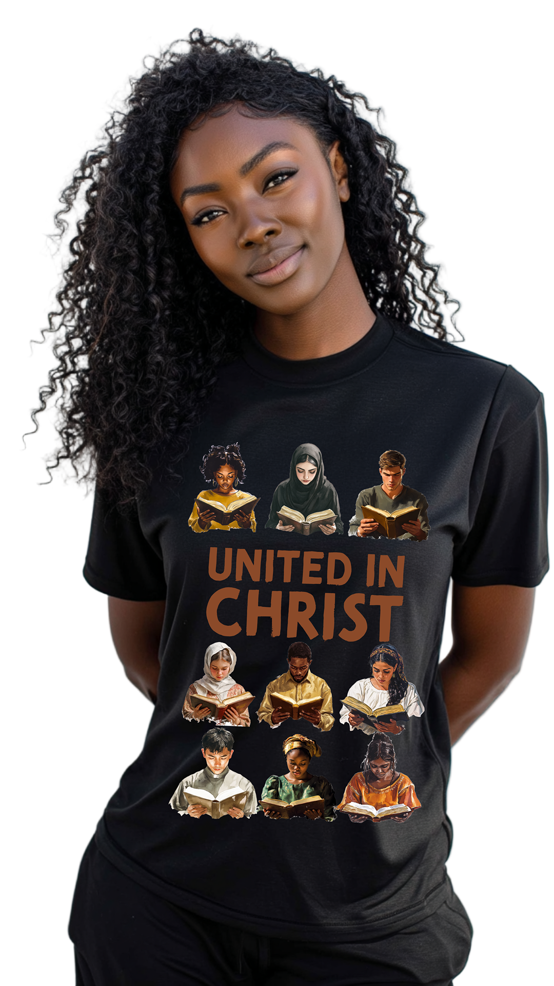 Person wearing a black t-shirt with 'United in Christ' design featuring images of people reading.