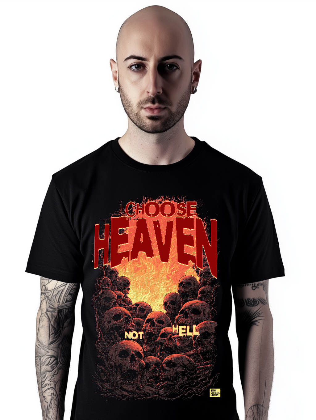 Man wearing a black t-shirt with a graphic design featuring skulls and text.