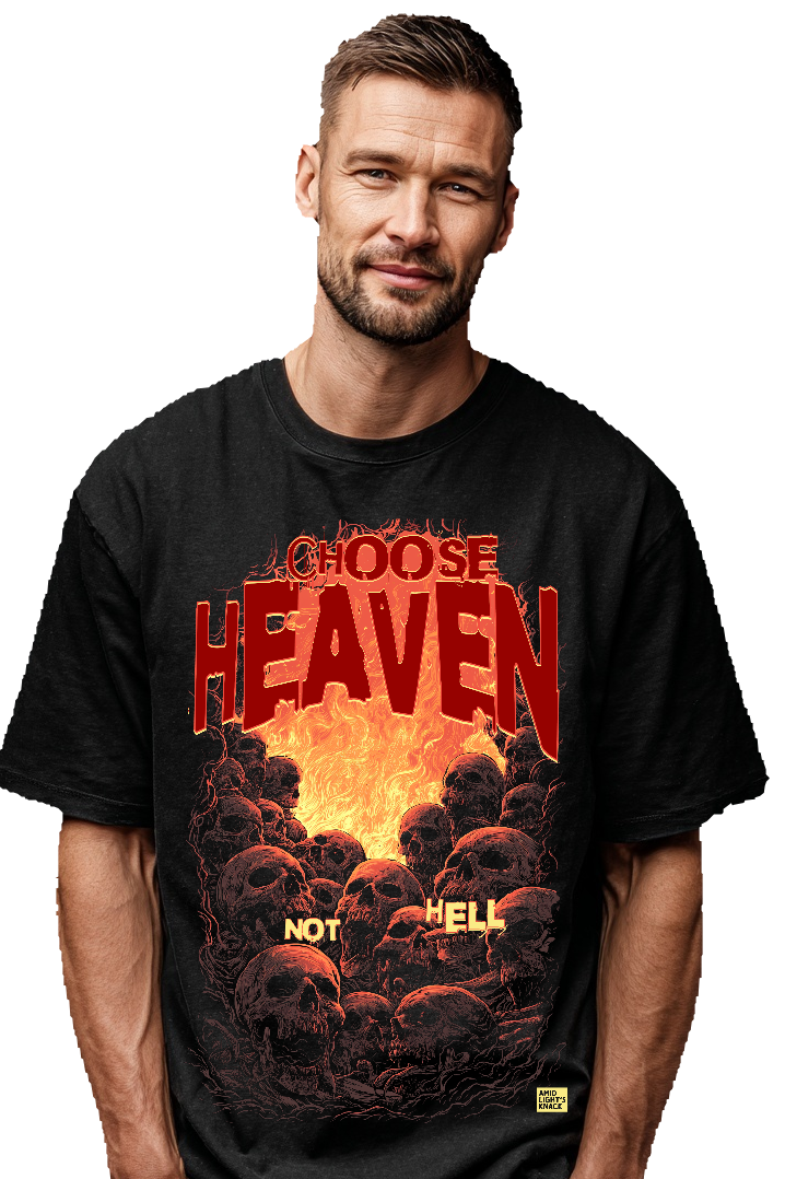 Man wearing a black t-shirt with a graphic design and text.