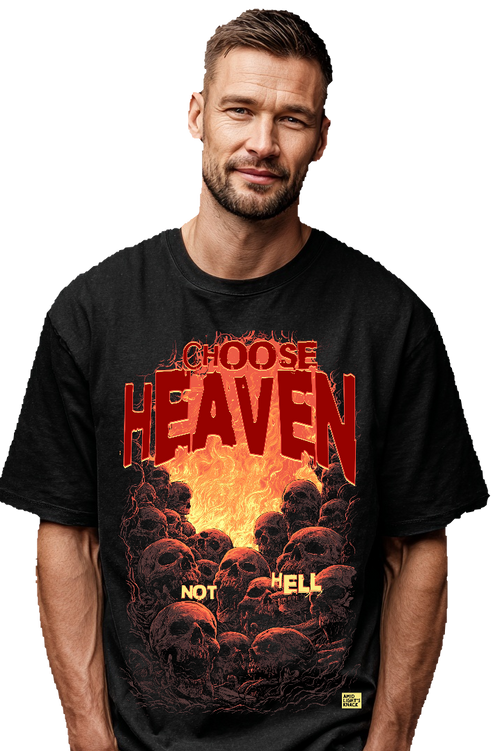 Man wearing a black t-shirt with a graphic design and text.